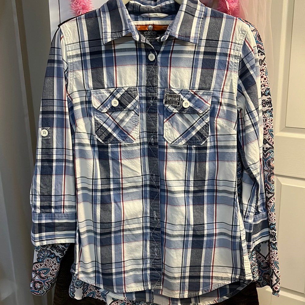 Superdry blue plaid button up shirt size S